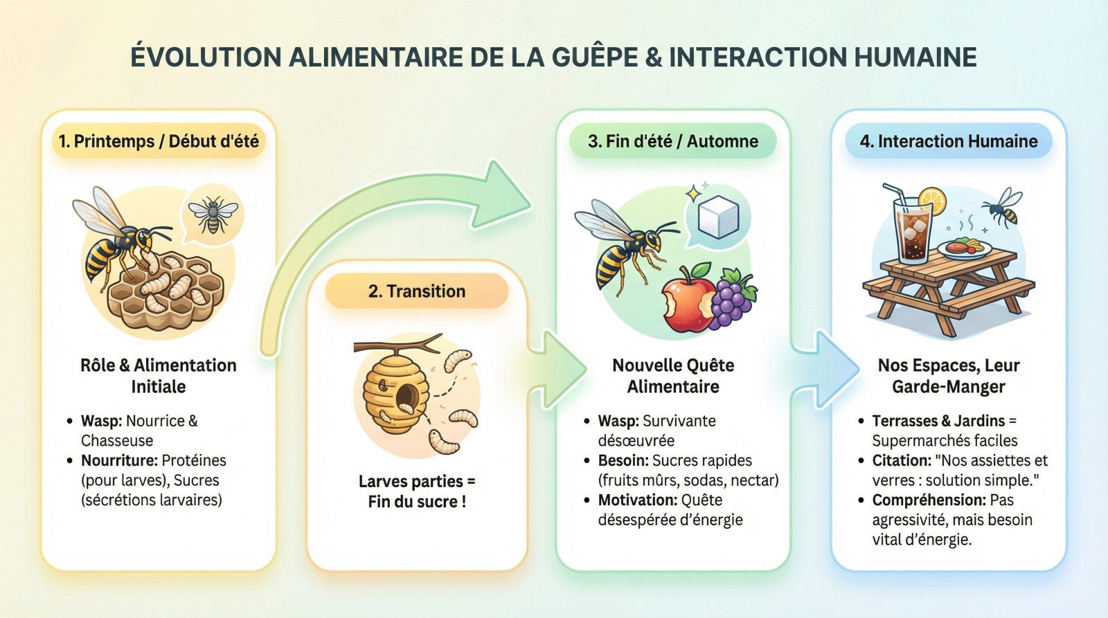 Schéma explicatif montrant la <strong>transition alimentaire de la guêpe ouvrière des protéines vers le sucre</strong> en fin de saison »>
</p>
<h2 id=