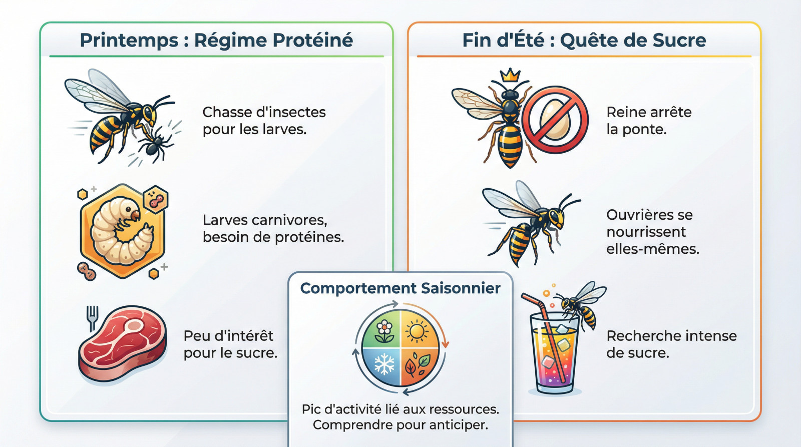 Schéma montrant l'évolution du régime alimentaire de la guêpe : protéines pour les larves au printemps vers sucre pour les adultes en fin d'été