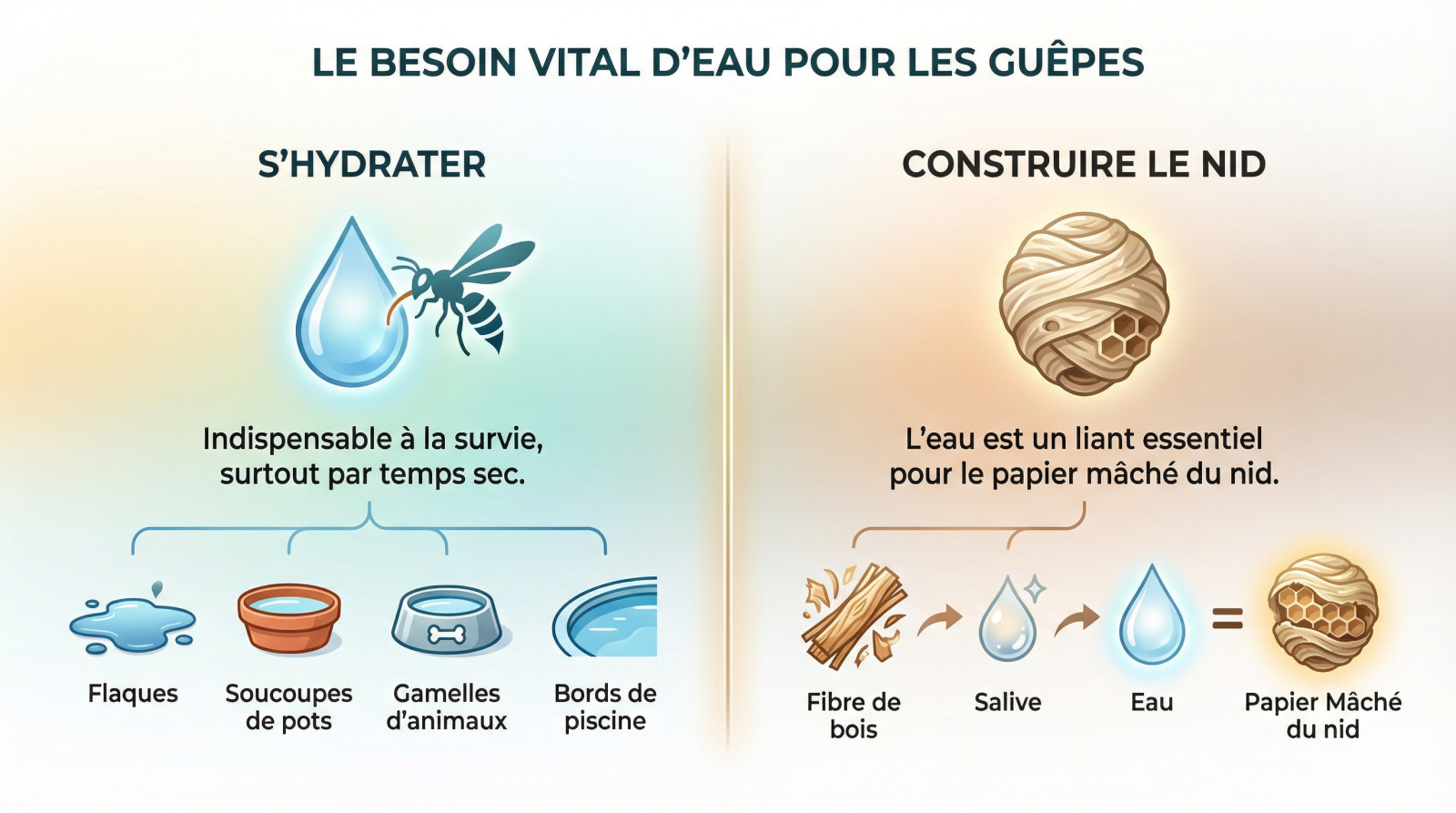 <strong>Guêpe s&rsquo;abreuvant sur une surface humide</strong> dans un jardin »></p>
<p>On se focalise souvent sur le sucre, mais on oublie qu&rsquo;au-delà de la nourriture, un autre élément fondamental attire les guêpes dans un jardin : <strong>l&rsquo;eau</strong>.</p>
<h3>S&rsquo;hydrater par temps sec</h3>
<p>Comme tout être vivant, les guêpes ont besoin de boire pour survivre. Cette nécessité s&rsquo;accentue durant les périodes de forte chaleur et de sécheresse. Elles <strong>recherchent activement le moindre point d&rsquo;eau</strong>.</p>
<p>Les sources sont variées : flaques après l&rsquo;arrosage, soucoupes de pots de fleurs, gamelles d&rsquo;eau pour animaux. Même les bords humides d&rsquo;une piscine deviennent des <strong>zones de ravitaillement prisées</strong> pour ces insectes.</p>
<h3>L&rsquo;eau comme matériau de construction</h3>
<p>Je vous invite à découvrir un usage moins connu. Elles ne font pas que la boire, elles l&rsquo;<strong>utilisent comme liant pour construire leur nid</strong>. C&rsquo;est un ingrédient essentiel de leur architecture.</p>
<p>La guêpe gratte de la fibre de bois sur une barrière ou une souche. Elle malaxe ensuite cette fibre avec sa salive et de l&rsquo;eau pour former une pâte, <strong>le fameux papier mâché qui constitue l&rsquo;enveloppe du nid</strong>.</p>
<h3>Synthèse des attractifs : un tableau pour y voir clair</h3>
<p>Pour résumer, voici un <strong>tableau des différents attractifs</strong> qui rendent un jardin irrésistible pour les guêpes, en fonction de leurs besoins vitaux.</p>
<div style=