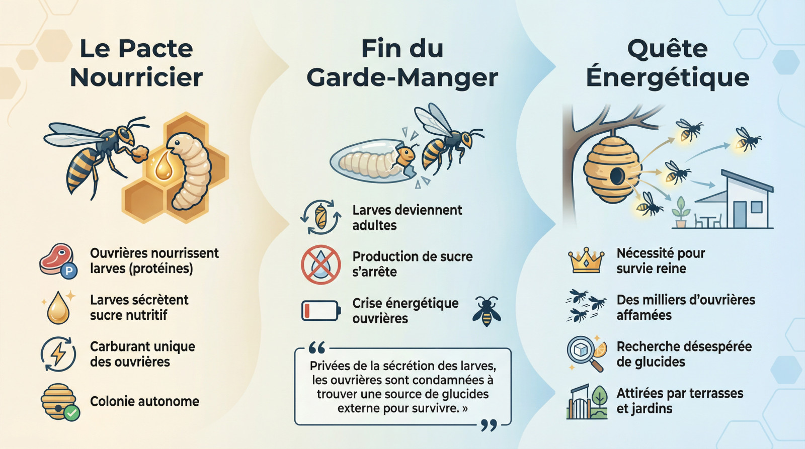 Schéma explicatif montrant l'échange de nourriture entre une guêpe ouvrière et une larve, puis l'arrêt de cet échange