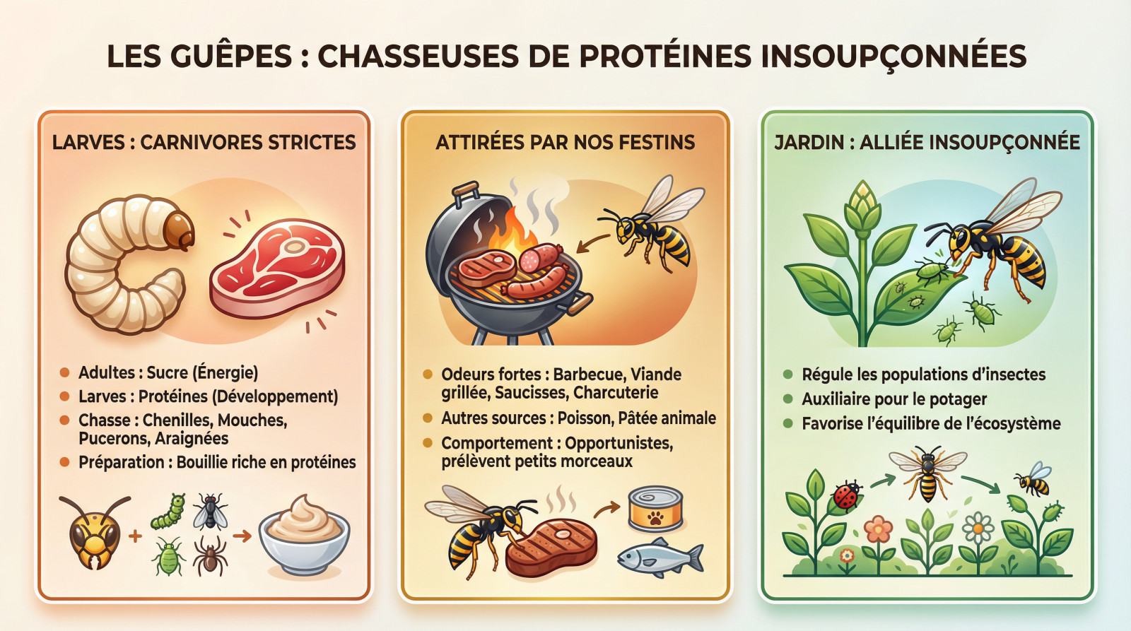 Guêpe découpant un morceau de viande pour ses larves