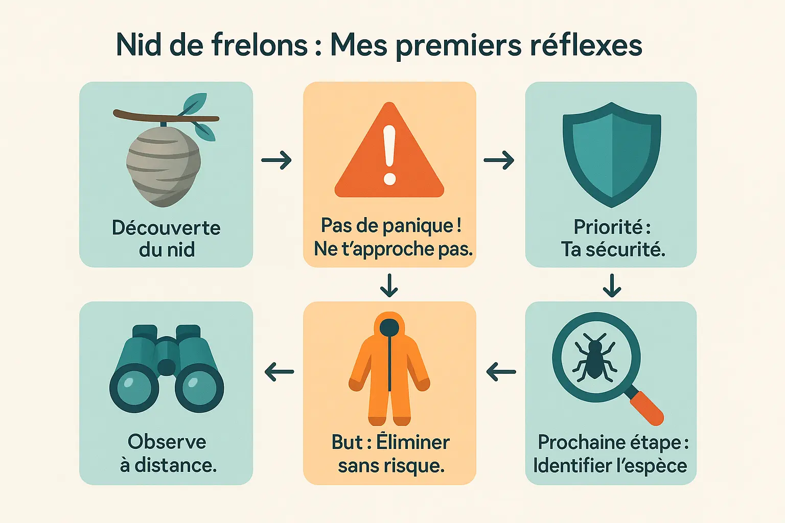 <strong>Illustration d&rsquo;un nid de frelons en hauteur dans un arbre</strong> » /></p>
<p>L’autre jour, en tondant la pelouse, j’ai eu la mauvaise surprise de repérer un énorme nid dans le chêne du fond du jardin. Vous aussi, vous venez de tomber sur l’un de ces abris menaçants ? Restez calme, <strong>la précipitation est la pire erreur à commettre</strong>.</p>
<p>Parce que la sécurité passe avant tout, voici ce qu’il faut faire <em>dès la découverte d’un nid</em> : observez de loin, sans vous exposer. Les frelons asiatiques, responsables de 90 % des nids repérés en France, peuvent attaquer en groupe si leur repaire est menacé. <strong>Mieux vaut donc les laisser tranquilles et appeler un expert</strong>.</p>
<p>Contrairement aux idées reçues, <strong>ne tentez surtout pas de détruire le nid vous-même</strong>. Même équipé de combinaisons vendues en magasin, les risques de piqûres multiples ou de dispersion des insectes restent élevés. Sans compter que ces méthodes amateurs favorisent la reconstruction de nouveaux nids à proximité. Et pour cause : seules les interventions nocturnes ou très tôt le matin permettent d’éliminer 95 % des colonies.</p>
<p>Alors, comment agir ? Éloignez enfants et animaux en priorité. Notez l’emplacement du nid et <strong>contactez un professionnel formé à la destruction de ces abris</strong>. En Wallonie, les apiculteurs locaux interviennent même gratuitement si le nid menace un rucher. Rappel : les frelons asiatiques, bien que nocifs pour les abeilles, peuvent être observés sans danger à distance de sécurité.</p>
<h2 id=