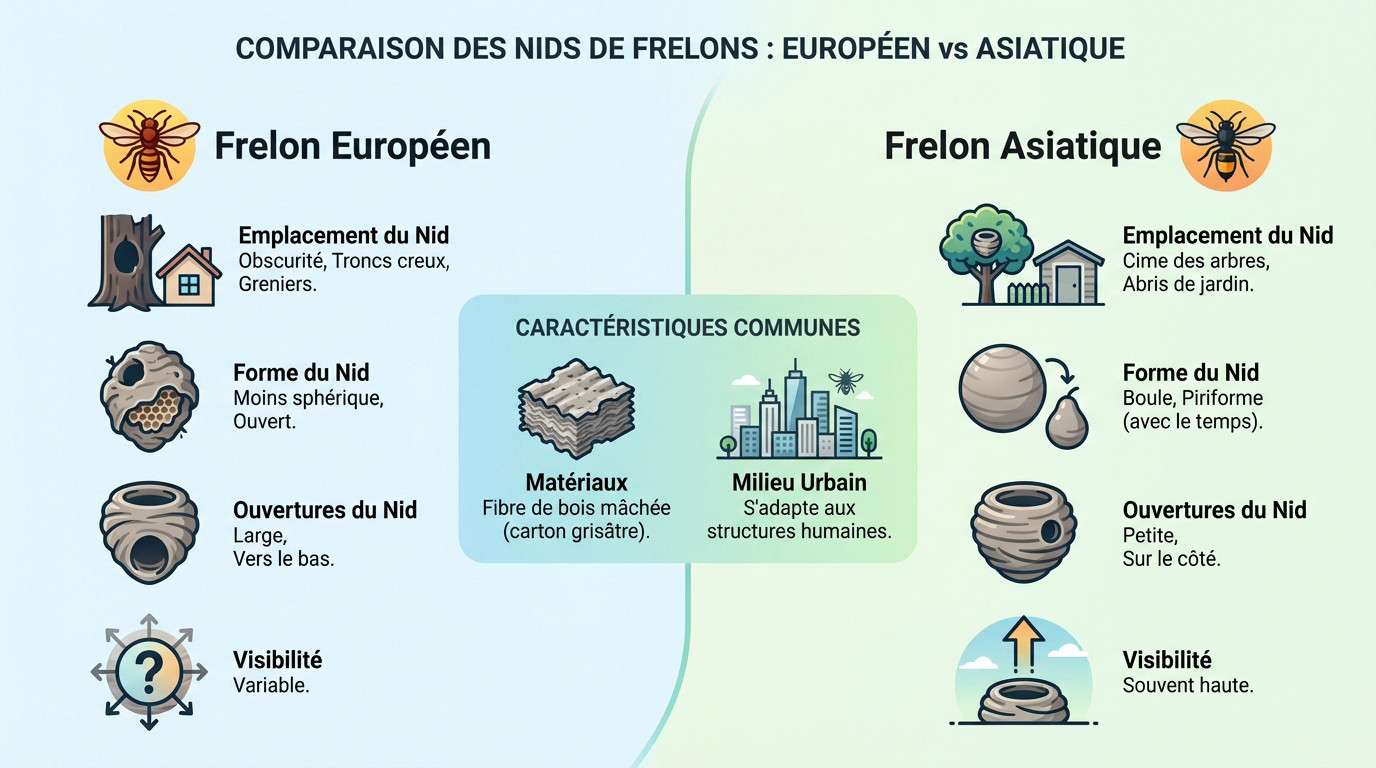 Comparaison visuelle entre un nid de frelon européen ouvert vers le bas et un nid de frelon asiatique fermé avec entrée latérale