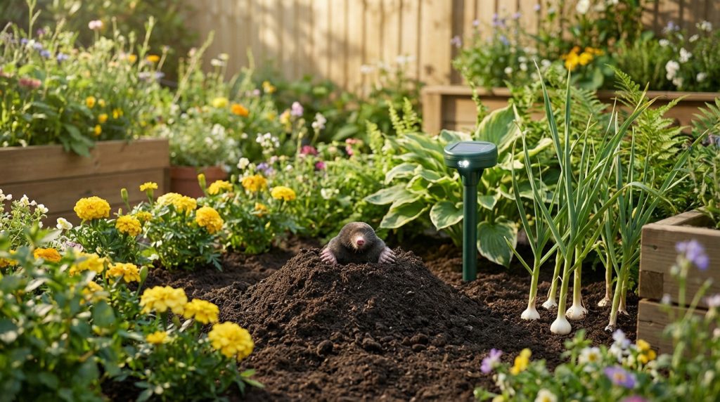 A curious mole peeks from its molehill in a vibrant, sunlit garden. Marigolds, garlic, and an ultrasonic device surround it, showing humane pest control.