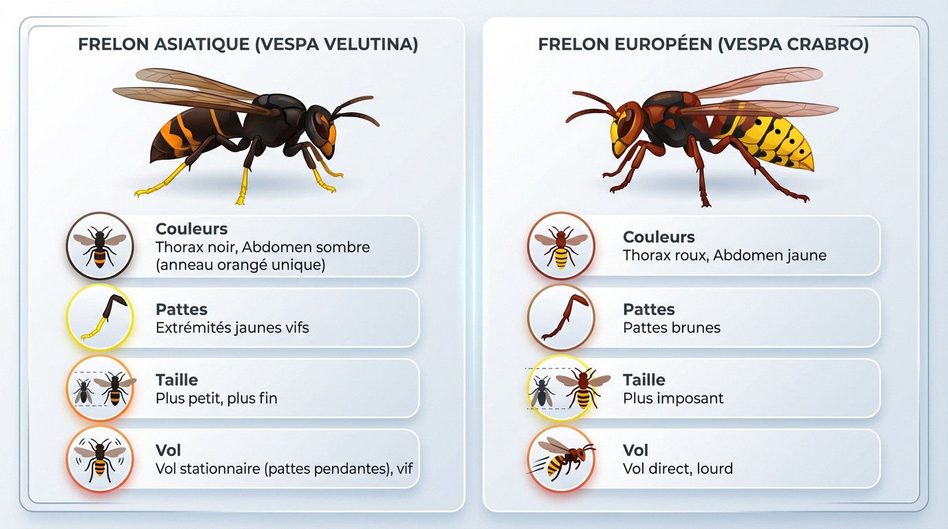 Infographie comparative pour distinguer le frelon asiatique du frelon européen