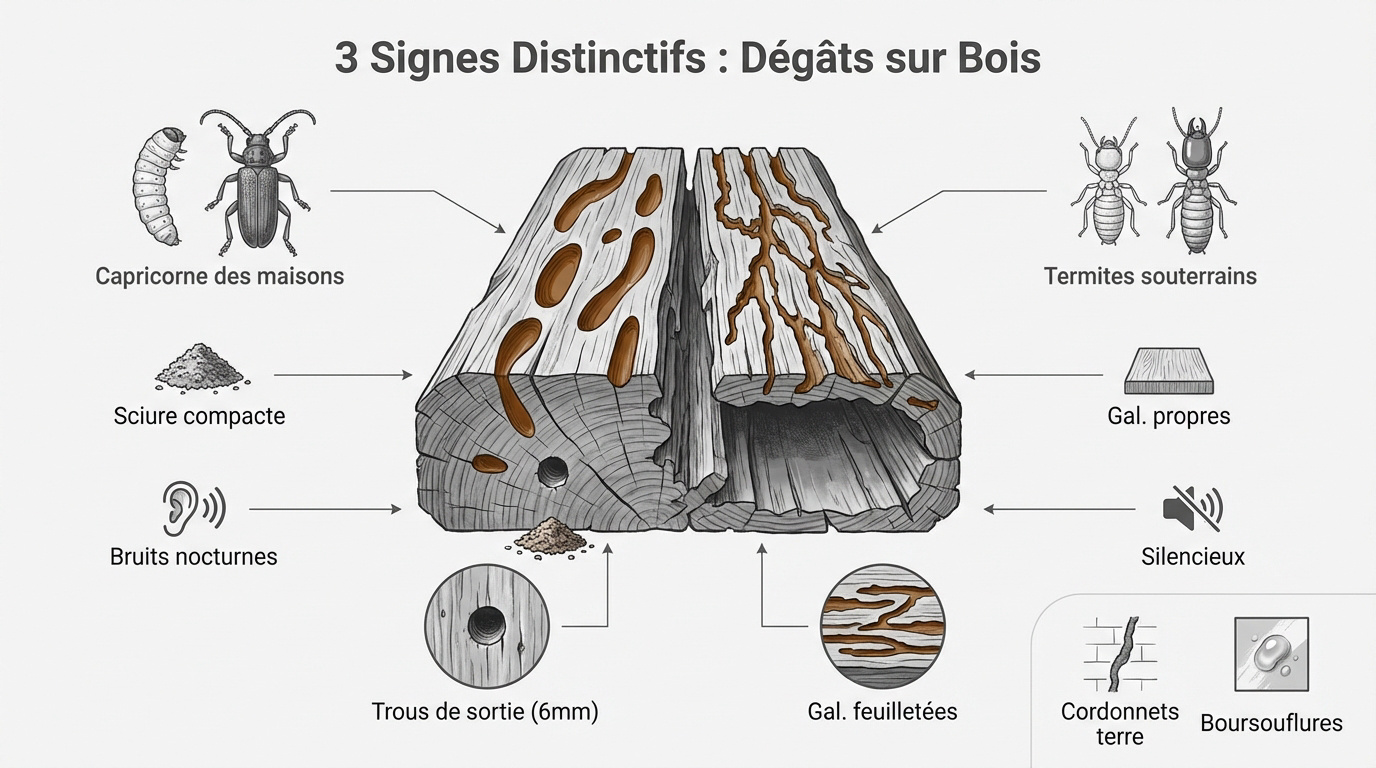 Comparaison des galeries de termites et trous de sortie de capricorne dans une charpente