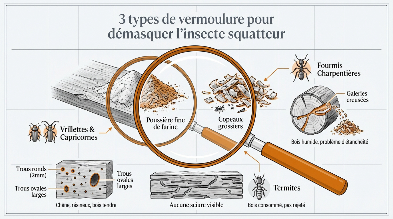 Comparaison visuelle des types de sciure de bois au sol pour diagnostic
