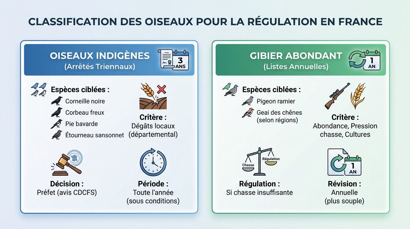 Classification des oiseaux susceptibles d'occasionner des dégâts en France