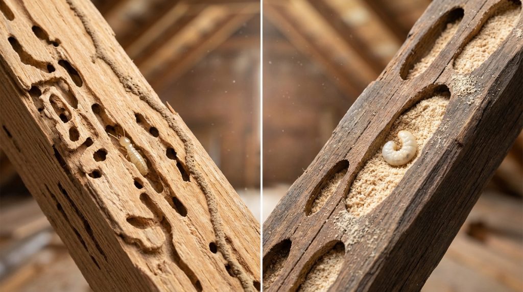 Image comparative : bois infesté par un termite (gauche) avec galeries, et bois infesté par une larve de capricorne (droite) avec sciure.