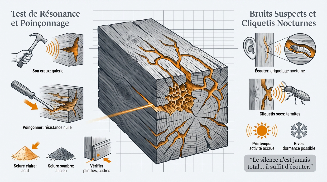 Inspection d'une poutre en bois avec un tournevis pour détecter des termites ou des vrillettes