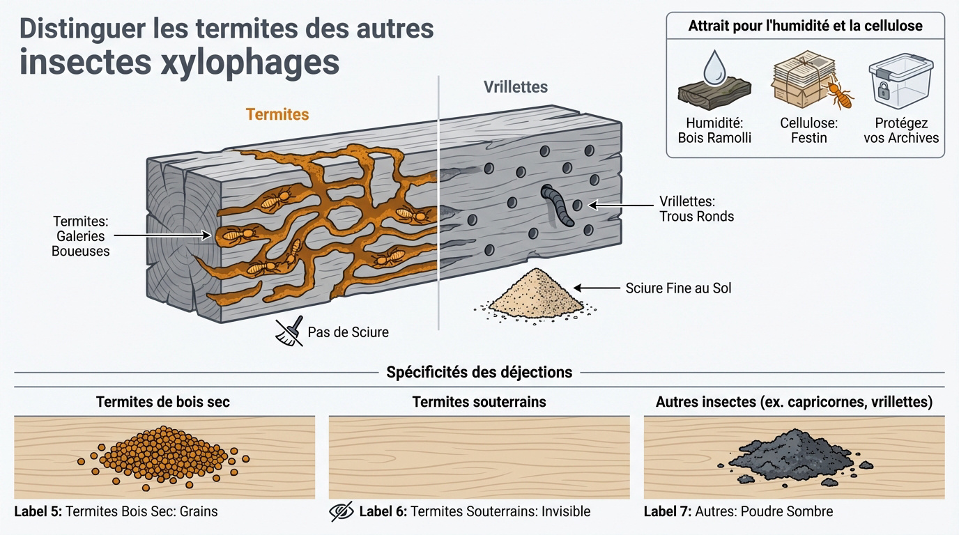 Dégâts de termites et vrillettes dans une poutre en bois