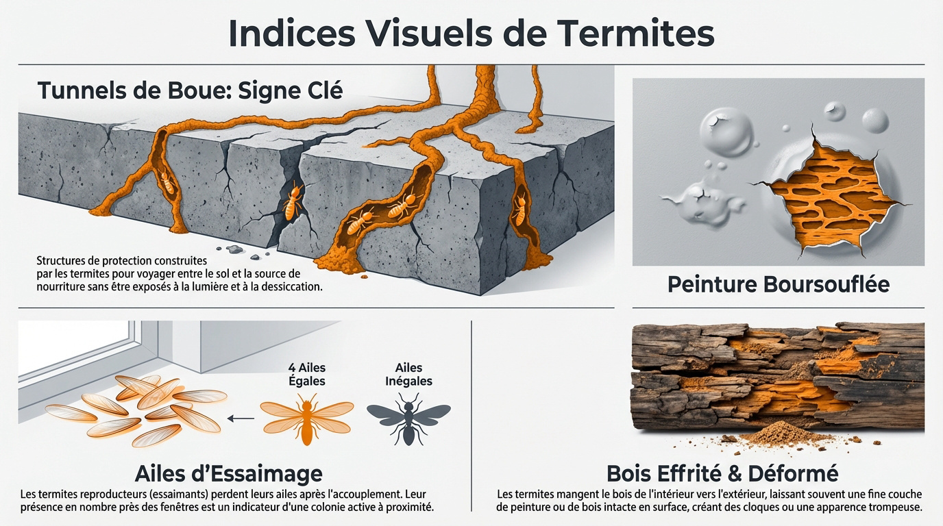 Indices visuels de termites dans une maison
