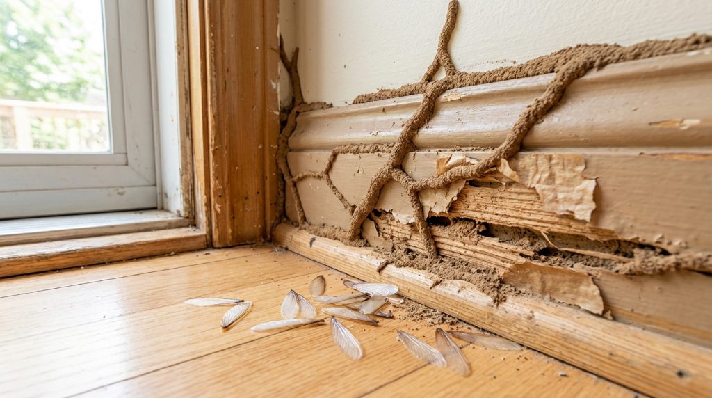 Grosses traces de tunnels de termites en terre le long d'un mur endommagé et des ailes de termites sur un parquet près d'une fenêtre.
