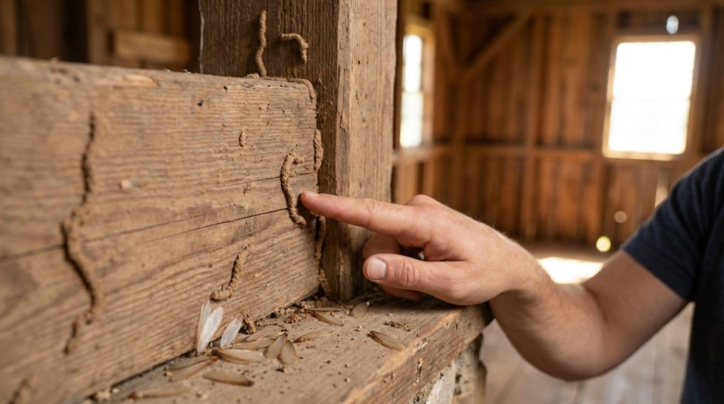 Gros plan sur une main pointant des galeries de termites sur une poutre en bois usée, avec des ailes d'insectes au sol.