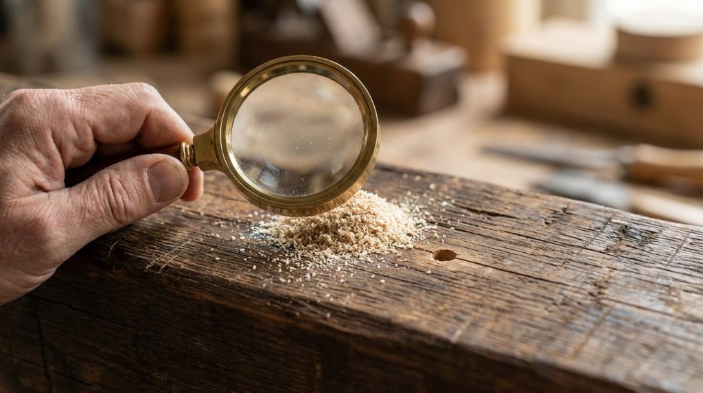 Main tenant une loupe au-dessus d'un tas de sciure sur une poutre en bois. Un trou est visible à côté, suggérant des xylophages.