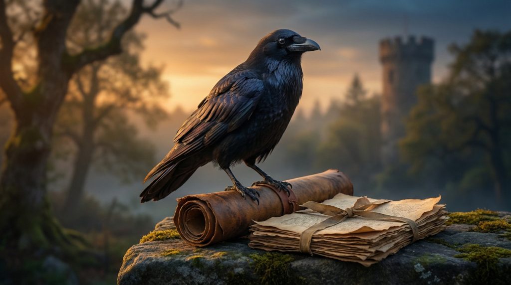 Corbeau noir perché sur un rouleau de parchemin, à côté de documents anciens liés, sur un rocher moussue, fond de château.