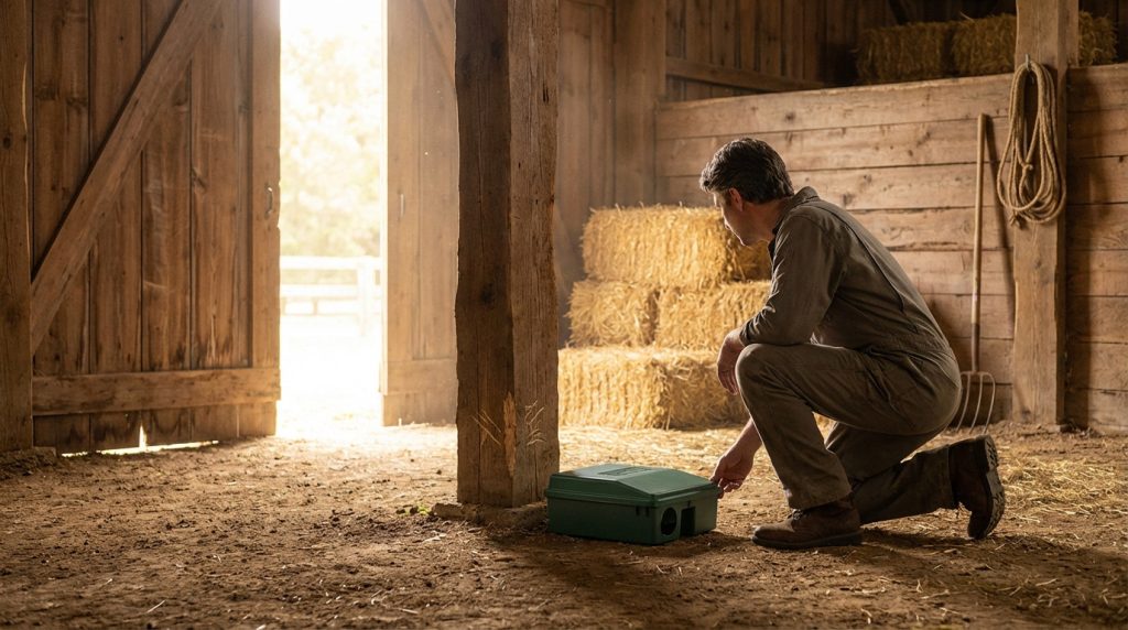 Un homme en combinaison dépose une boîte de dératisation verte au sol d'une grange lumineuse, près de bottes de foin.