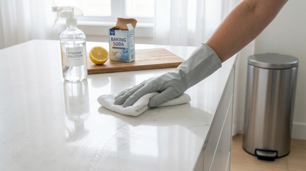 Une main gantée nettoie un comptoir de cuisine avec un chiffon. À côté, une solution de vinaigre, un citron et du bicarbonate de soude.