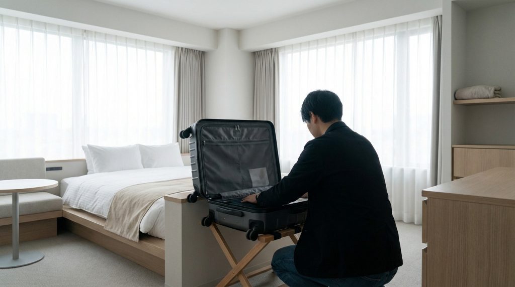 Un homme accroupi ouvre sa valise sur un porte-bagages dans une chambre d'hôtel moderne. Lit blanc en arrière-plan.