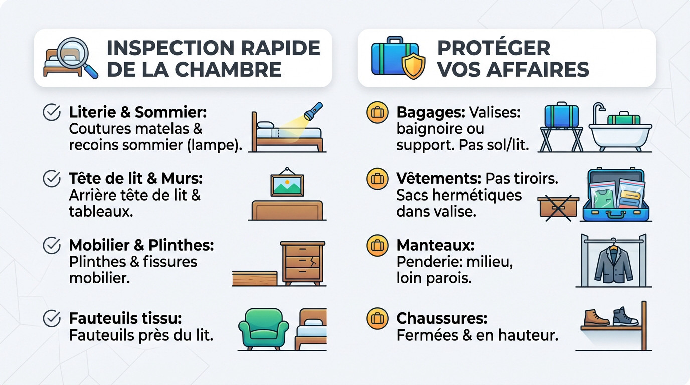 Inspection d'une chambre d'hôtel pour détecter des punaises de lit et protéger ses bagages