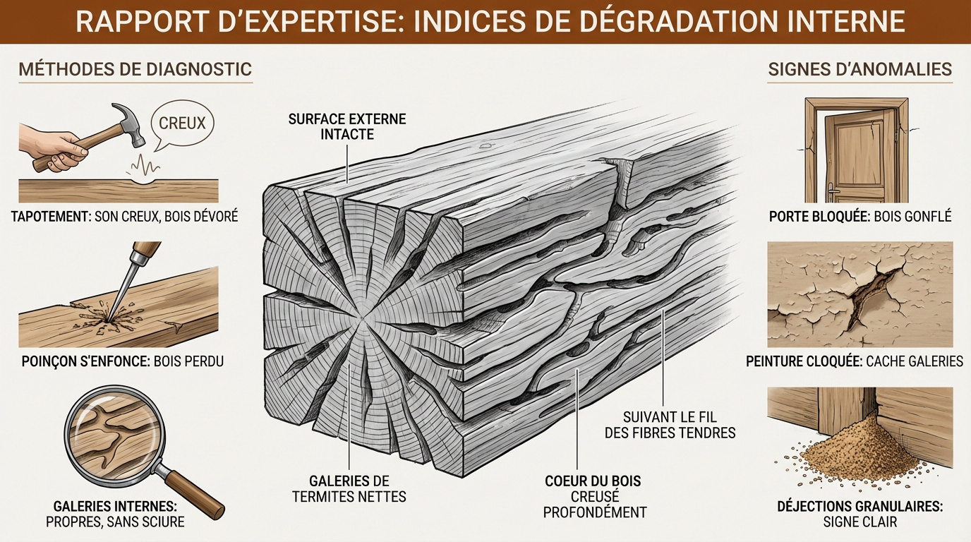 Exemple de dégradation interne d'une poutre en bois par une colonie de termites