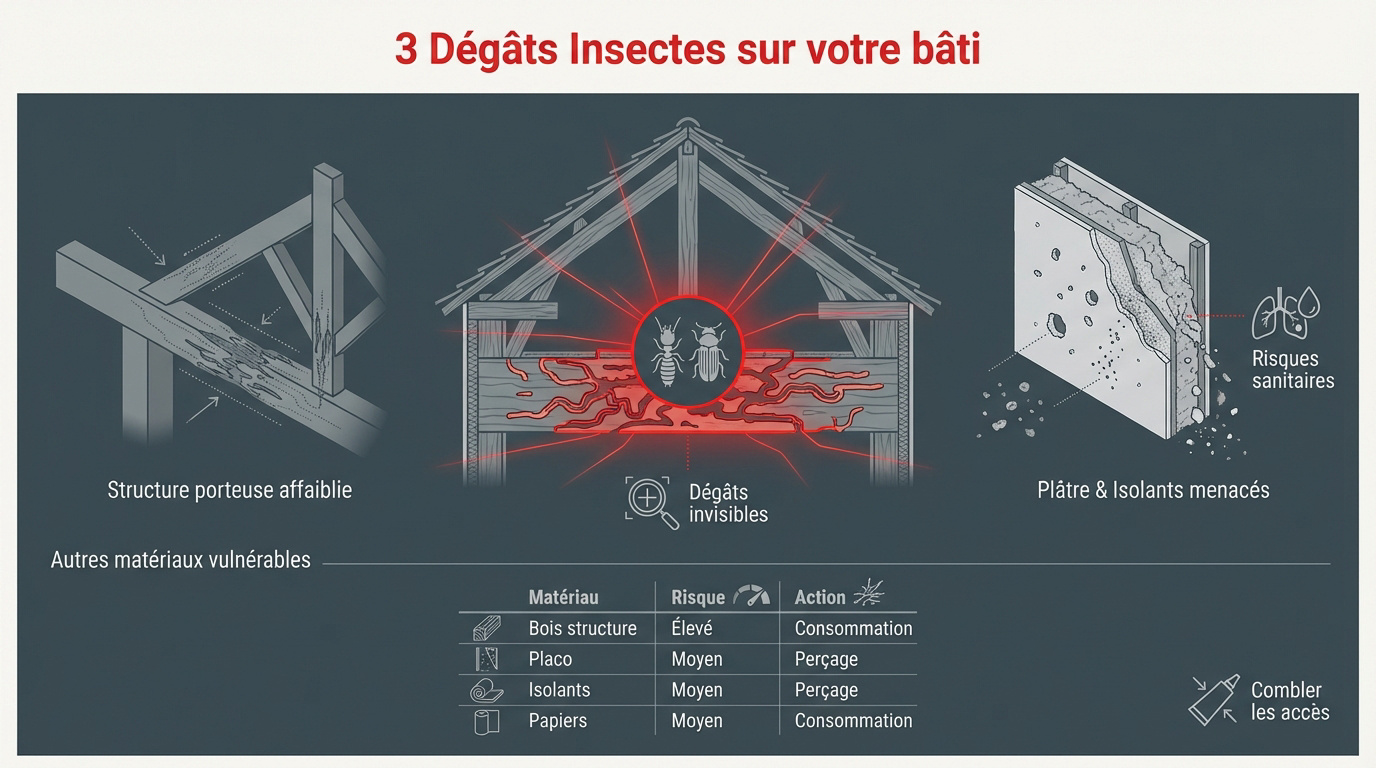 Dégâts de termites sur une structure en bois de maison