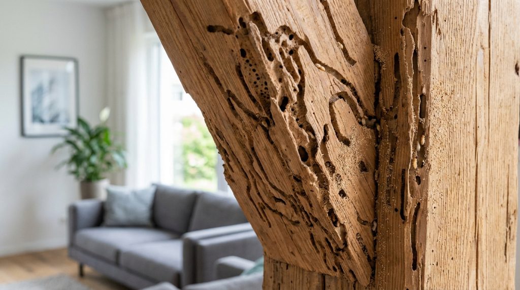 Poutre en bois d'une maison, creusée de nombreuses galeries causées par une infestation de termites. Quelques termites sont visibles.