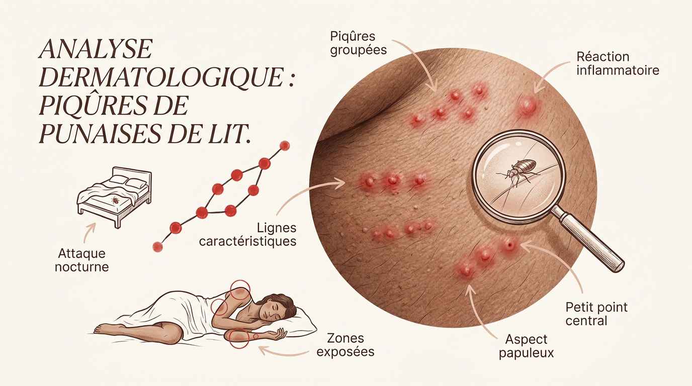 Analyse visuelle de boutons rouges alignés sur la peau suite à des piqûres de punaises de lit