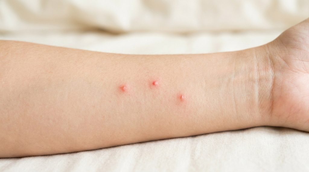 Avant-bras humain présentant trois petites piqûres rouges alignées sur une peau claire.